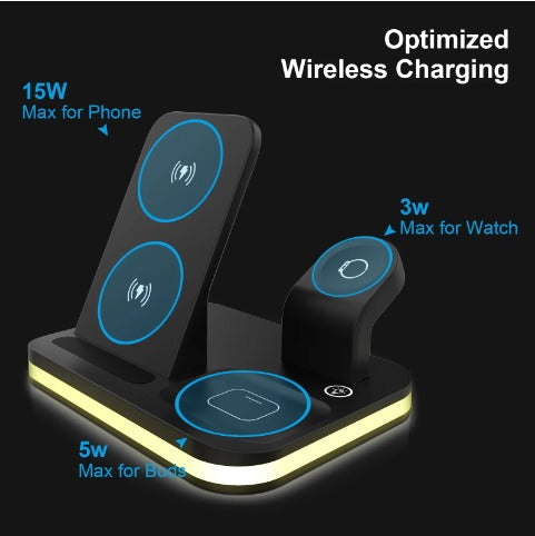 4-in-1 Wireless Charging Station – Fast Charger Stand for iPhone, Apple Watch & AirPods with Ambient Night Light