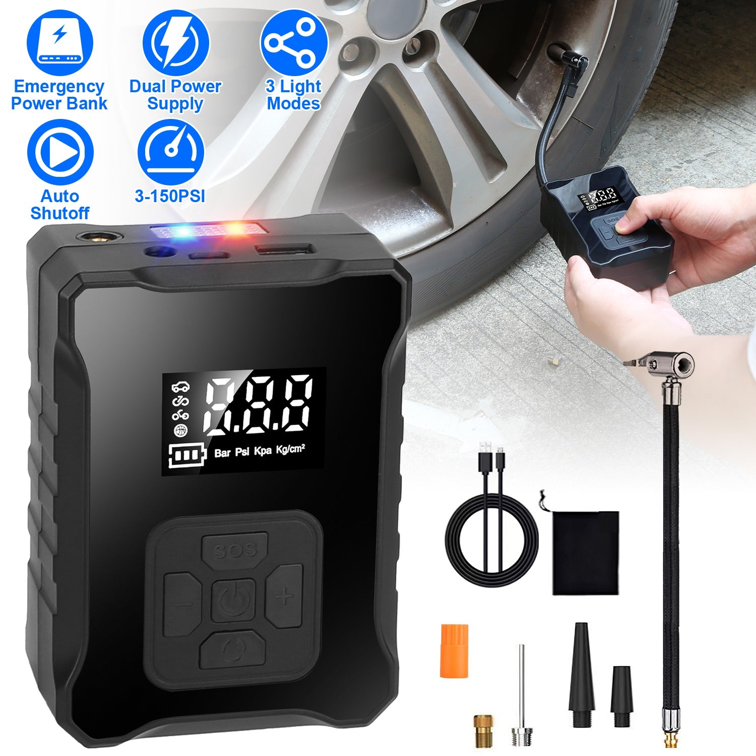 150 PSI Cordless Tire Inflator – Portable Digital Air Compressor with LED Light & Emergency Power Bank for Cars, Bikes & Motorcycles