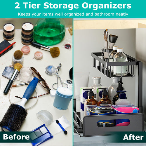 2 Tier Under Sink Organizer with Sliding Drawer – Heavy Duty Pull-Out Cabinet Storage Shelf for Kitchen and Bathroom