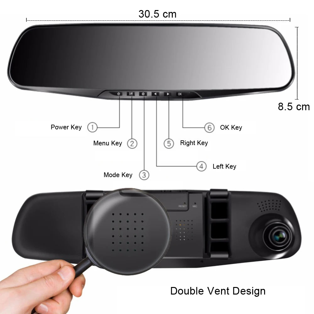 1080P Dual Lens Rearview Mirror Dash Cam 4.3 Inch Car DVR Video Recorder with Parking Monitor