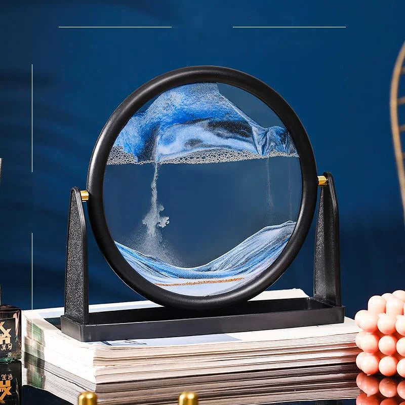 360 Rotating Sandscape Moving Sand Art Glass Frame Flowing Sand Decor Round Display Home Office Decoration