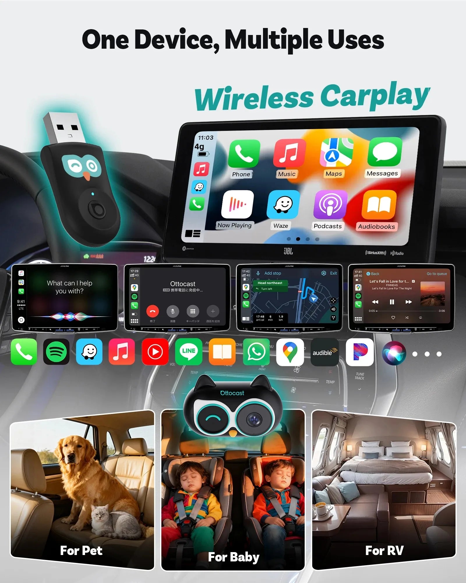 Ottocast Cabin Care Wireless CarPlay Baby Camera 1080P HD Backseat Monitor with Night Vision