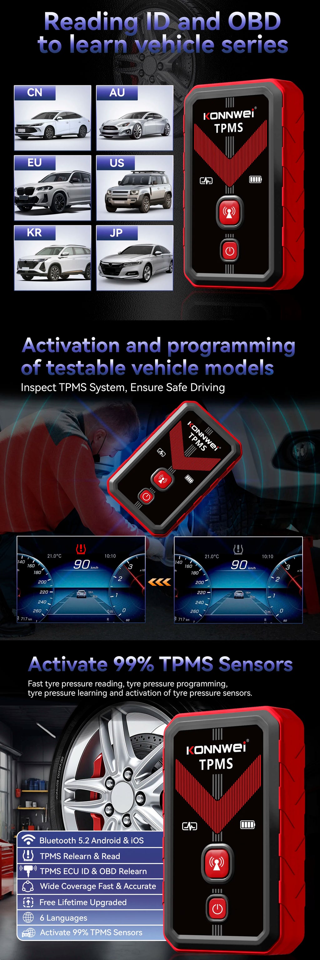 Konnwei TK100 TPMS Programming Tool Wireless OBD Relearn Device for Tire Pressure Sensors