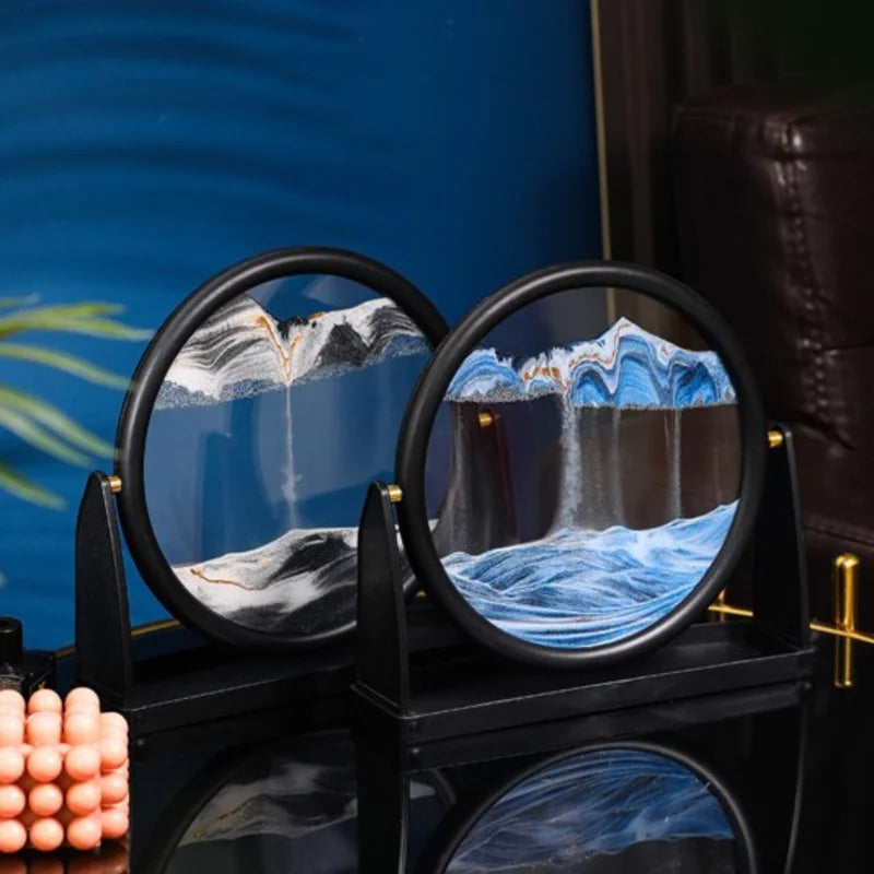 360 Rotating Sandscape Moving Sand Art Glass Frame Flowing Sand Decor Round Display Home Office Decoration