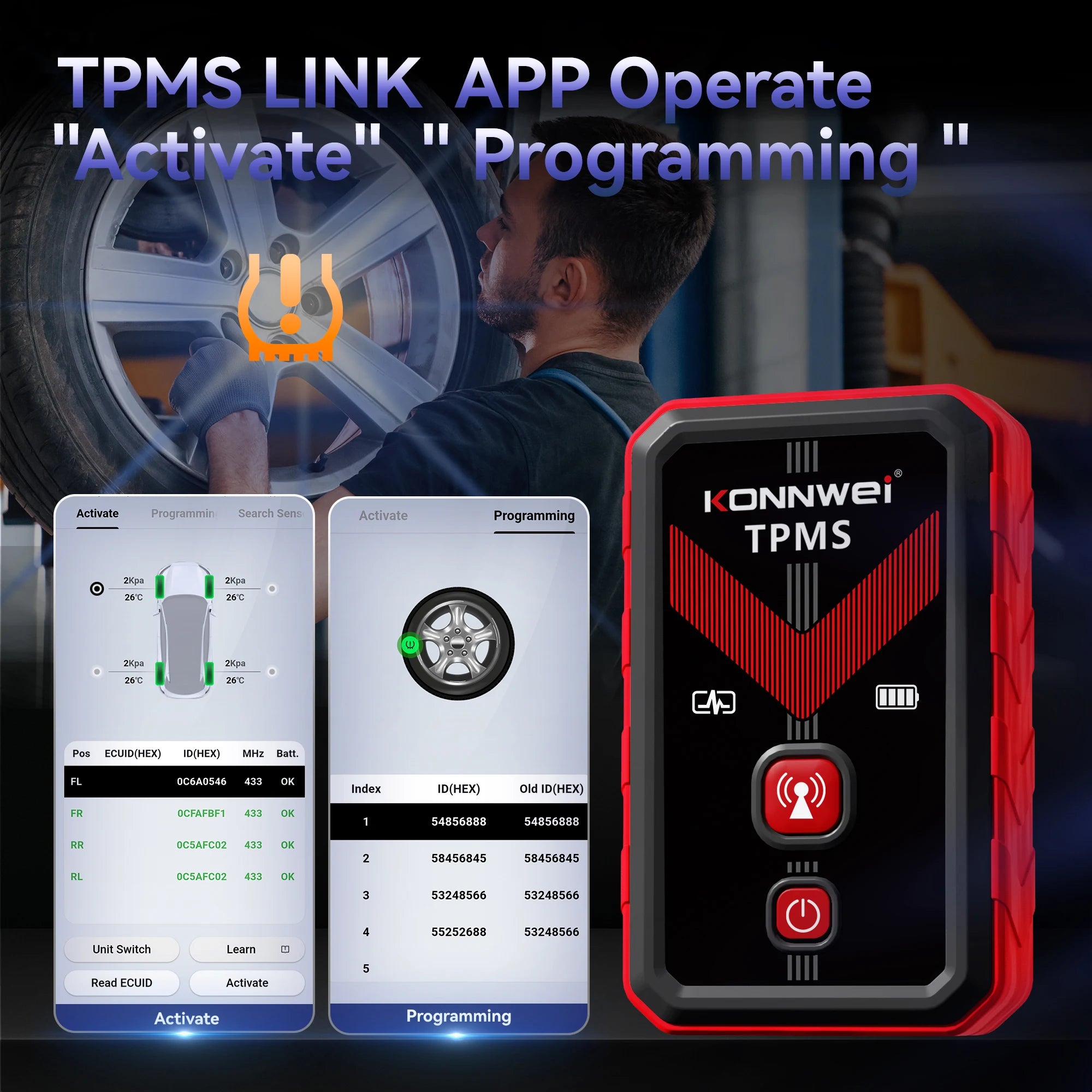 Konnwei TK100 TPMS Programming Tool Wireless OBD Relearn Device for Tire Pressure Sensors