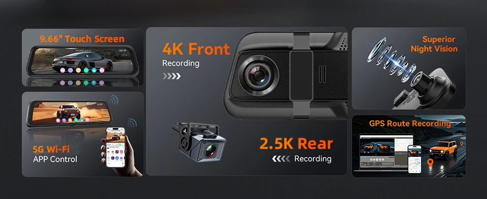 Acceo 4K Dashcam 9.66'' Touch Screen Car Mirror Video Recorder Support 2.5K Rear View Camera WIFI GPS ADAS Dash Camera Black Box
