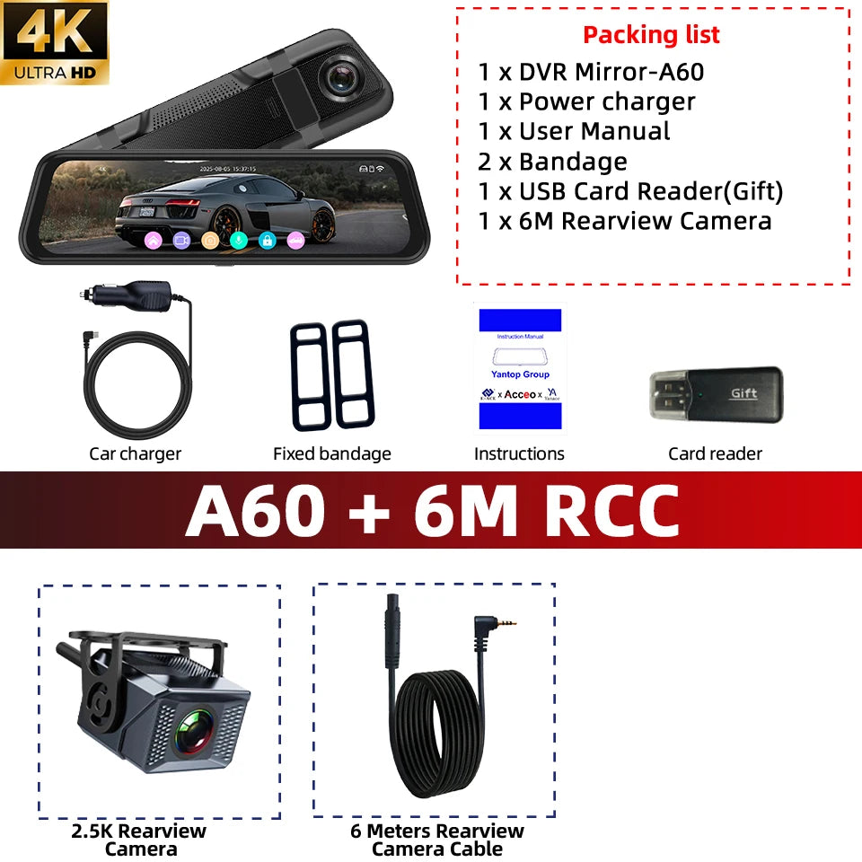 Acceo 4K Dashcam 9.66'' Touch Screen Car Mirror Video Recorder Support 2.5K Rear View Camera WIFI GPS ADAS Dash Camera Black Box