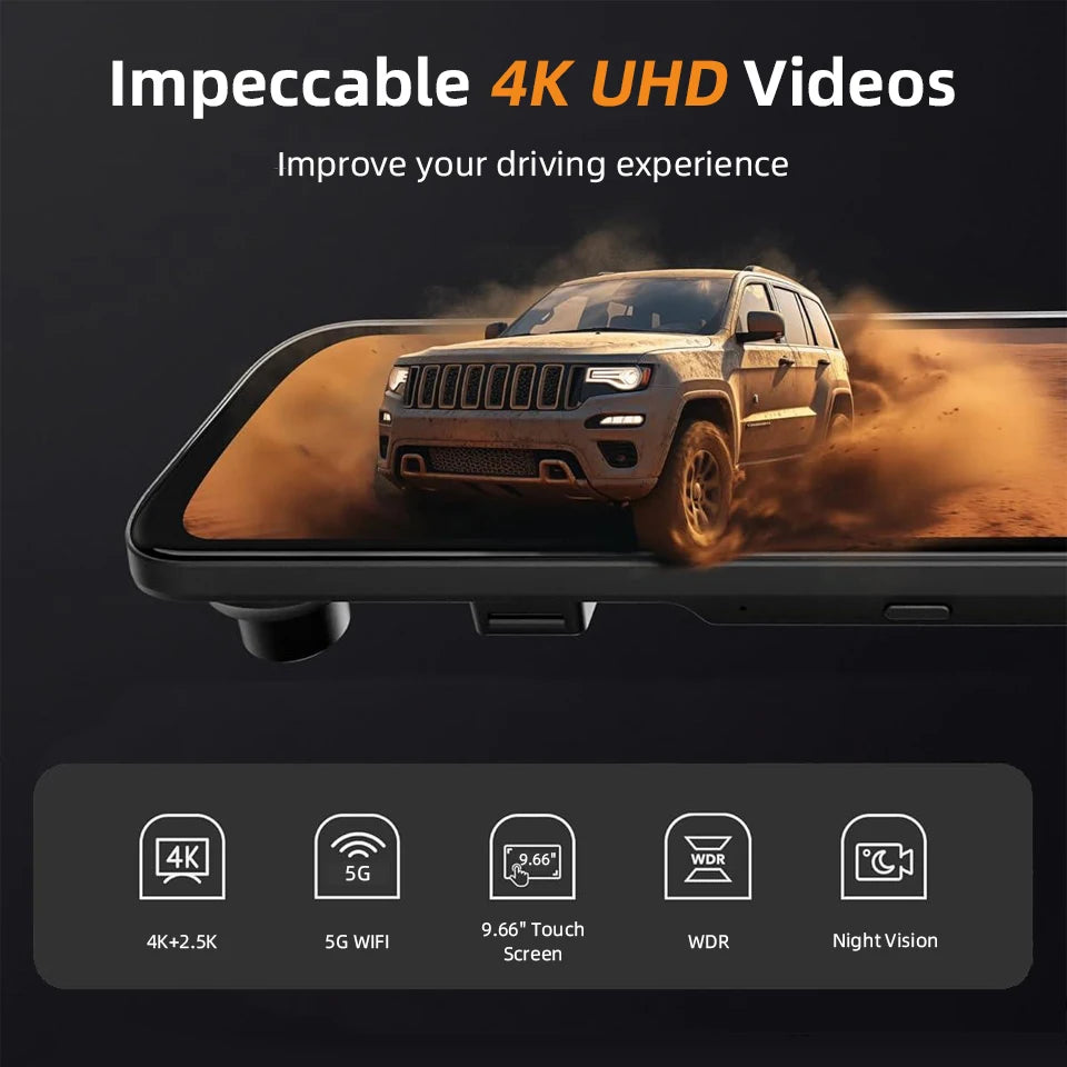 Acceo 4K Dashcam 9.66'' Touch Screen Car Mirror Video Recorder Support 2.5K Rear View Camera WIFI GPS ADAS Dash Camera Black Box