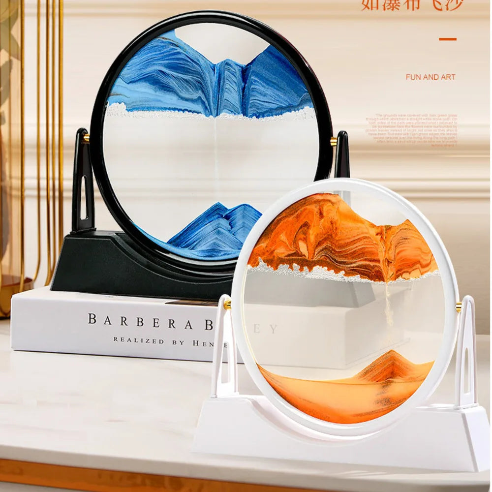 360 Rotating Sandscape Moving Sand Art Glass Frame Flowing Sand Decor Round Display Home Office Decoration