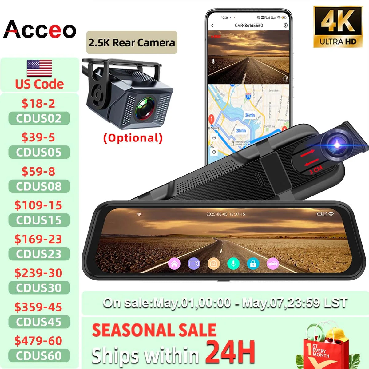 Acceo 4K Dashcam 9.66'' Touch Screen Car Mirror Video Recorder Support 2.5K Rear View Camera WIFI GPS ADAS Dash Camera Black Box