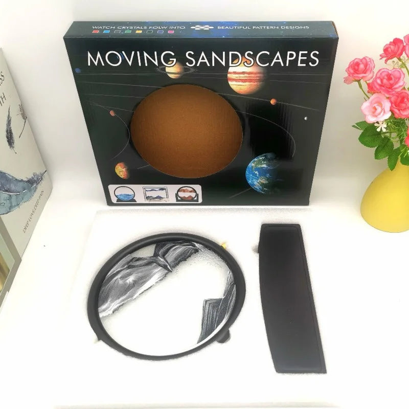 360 Rotating Sandscape Moving Sand Art Glass Frame Flowing Sand Decor Round Display Home Office Decoration