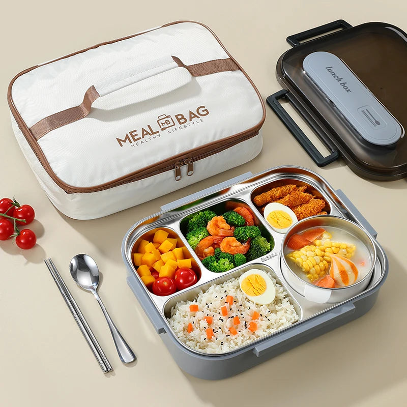 Stainless Steel Kids Lunch Box Compartment Bento Container Insulated Food Storage with Bag for School