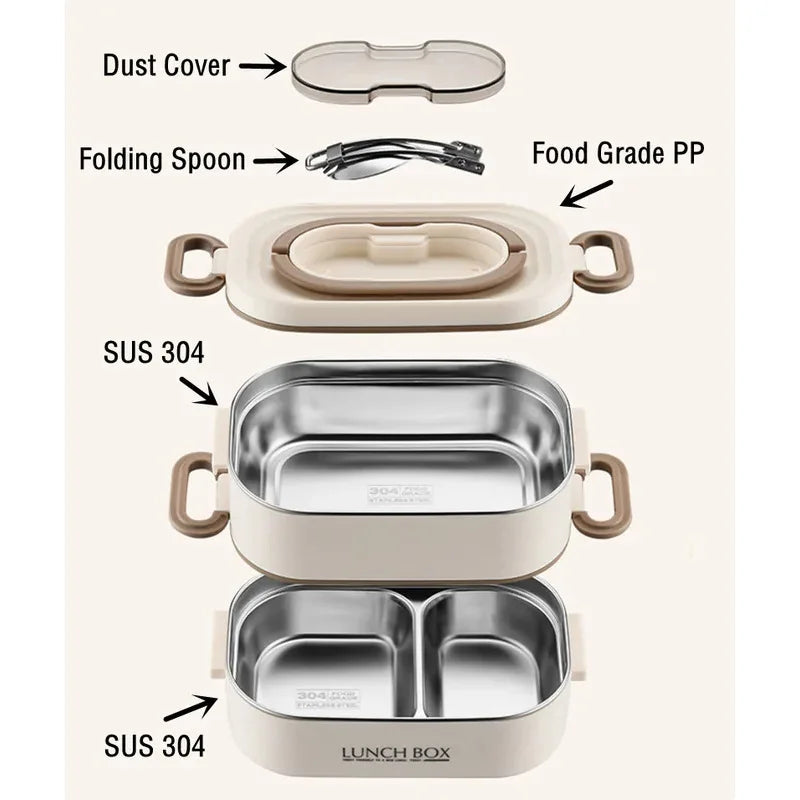 1500ml Double Layer Stainless Steel Thermal Lunch Box Leak Proof Bento Food Container with Insulated Carry Bag for Adults and Students