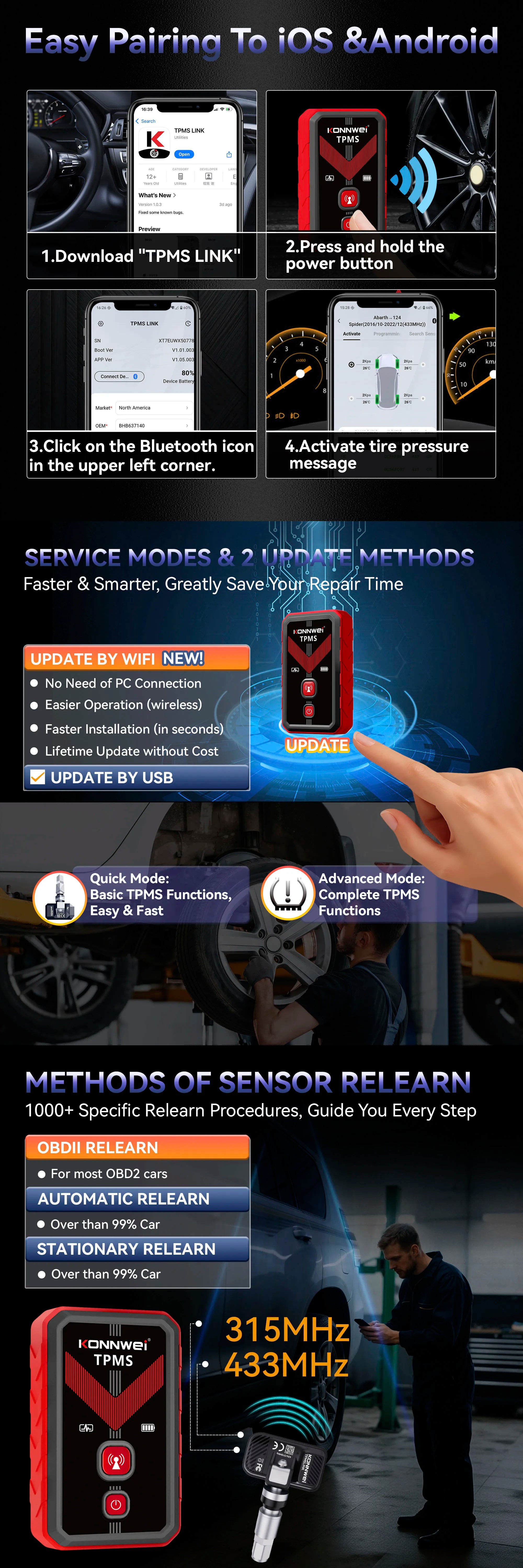 Konnwei TK100 TPMS Programming Tool Wireless OBD Relearn Device for Tire Pressure Sensors