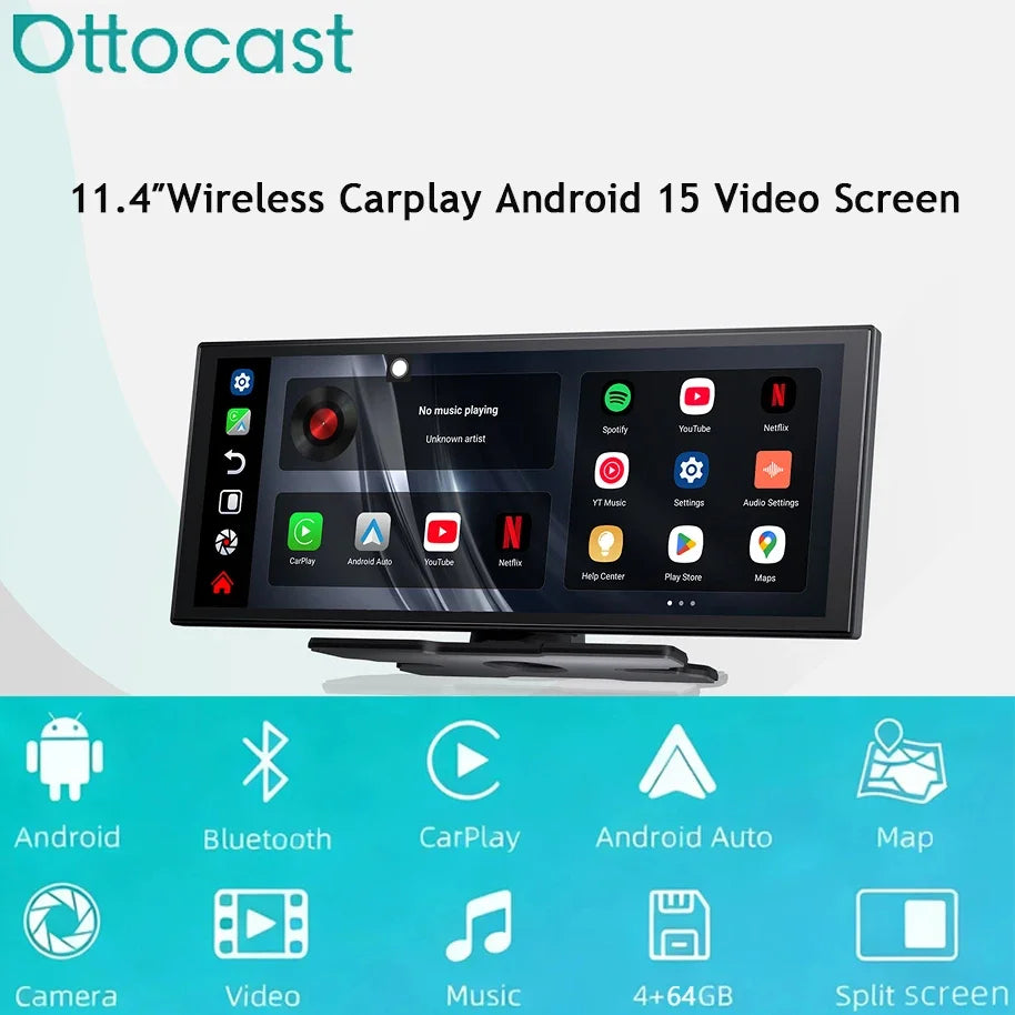 Ottocast AI 11.4 Inch Wireless CarPlay Screen Android 15 Smart Car Display with GPS and Split Screen