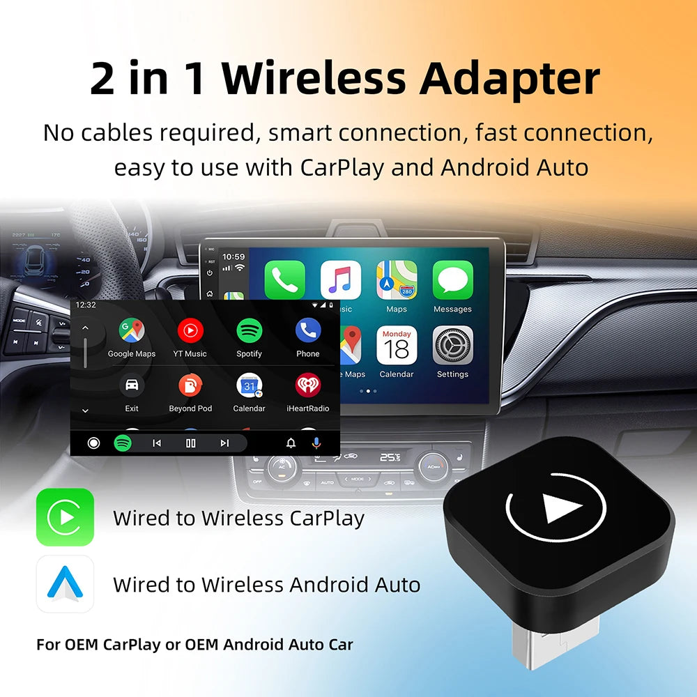 2 in 1 Wireless CarPlay and Android Auto Adapter Plug and Play Smart Car Dongle