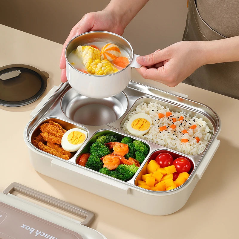 Stainless Steel Kids Lunch Box Compartment Bento Container Insulated Food Storage with Bag for School