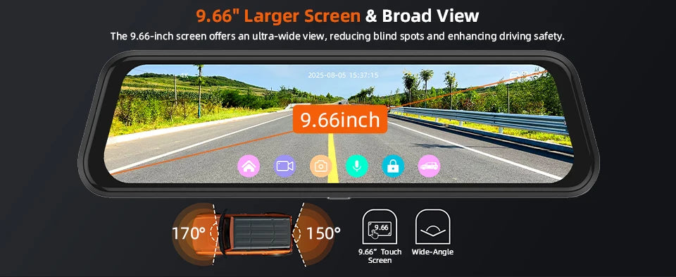 Acceo 4K Dashcam 9.66'' Touch Screen Car Mirror Video Recorder Support 2.5K Rear View Camera WIFI GPS ADAS Dash Camera Black Box