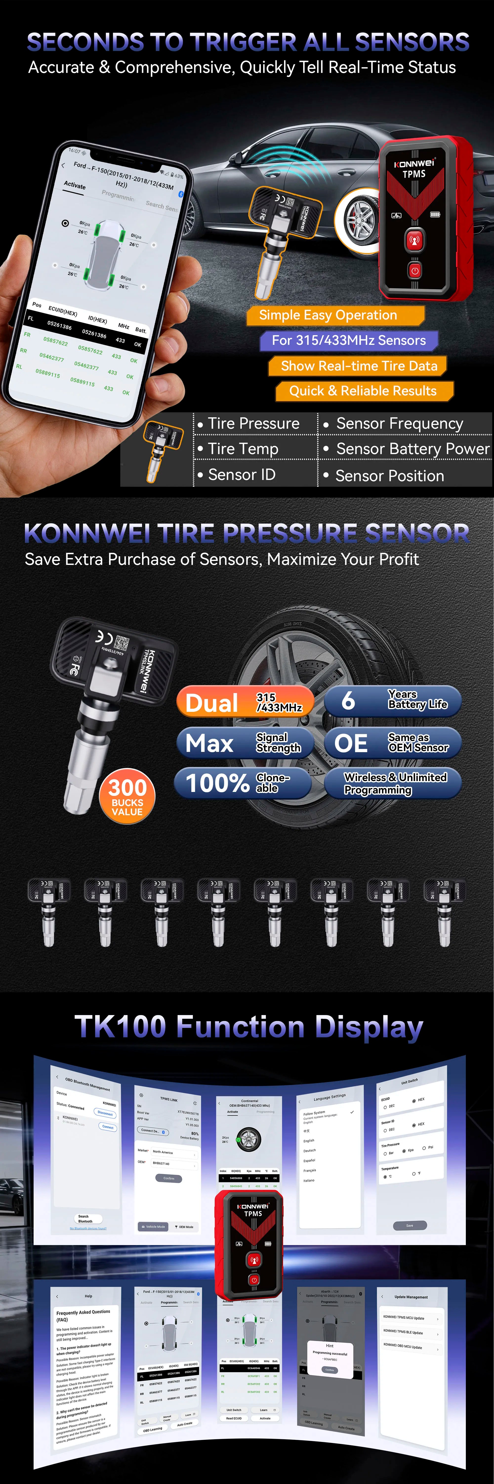 Konnwei TK100 TPMS Programming Tool Wireless OBD Relearn Device for Tire Pressure Sensors
