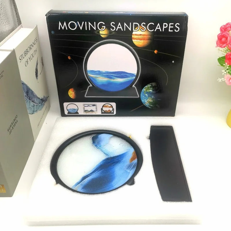 360 Rotating Sandscape Moving Sand Art Glass Frame Flowing Sand Decor Round Display Home Office Decoration