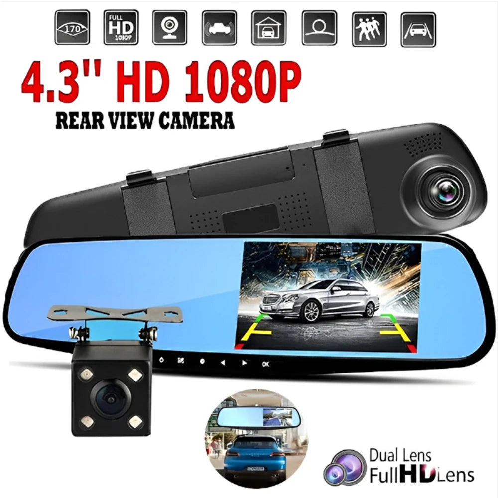 1080P Dual Lens Rearview Mirror Dash Cam 4.3 Inch Car DVR Video Recorder with Parking Monitor