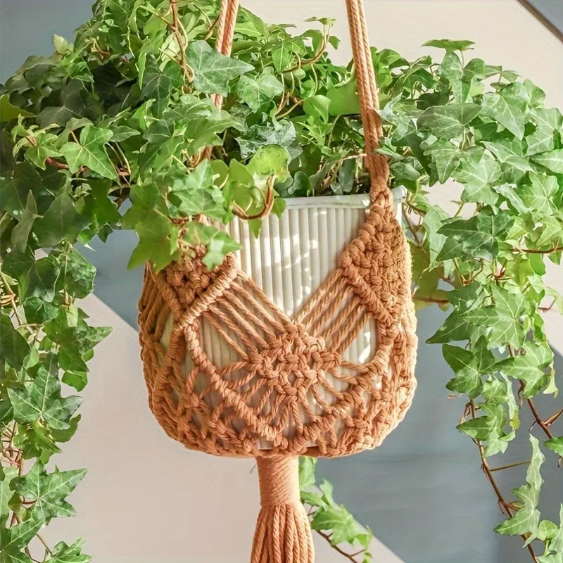 1pc Boho Macrame Plant Hanger for Indoor Outdoor Hanging Succulents Cotton Rope Woven Hanging Basket with Net Pouch
