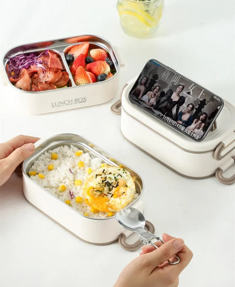 1500ml Double Layer Stainless Steel Thermal Lunch Box Leak Proof Bento Food Container with Insulated Carry Bag for Adults and Students