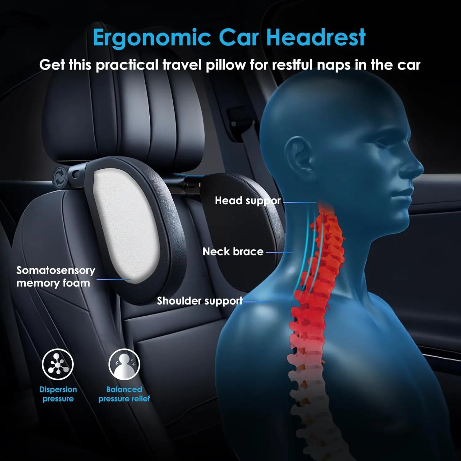 Memory Foam Car Neck Pillow Adjustable Travel Headrest Cushion Universal Fit