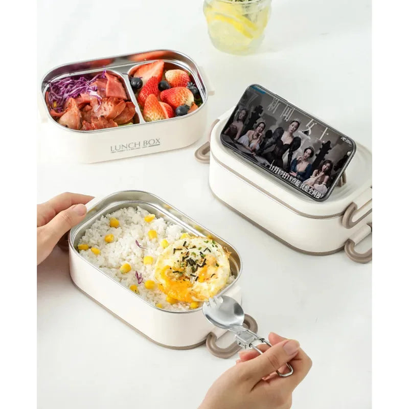 1500ml Double Layer Stainless Steel Thermal Lunch Box Leak Proof Bento Food Container with Insulated Carry Bag for Adults and Students