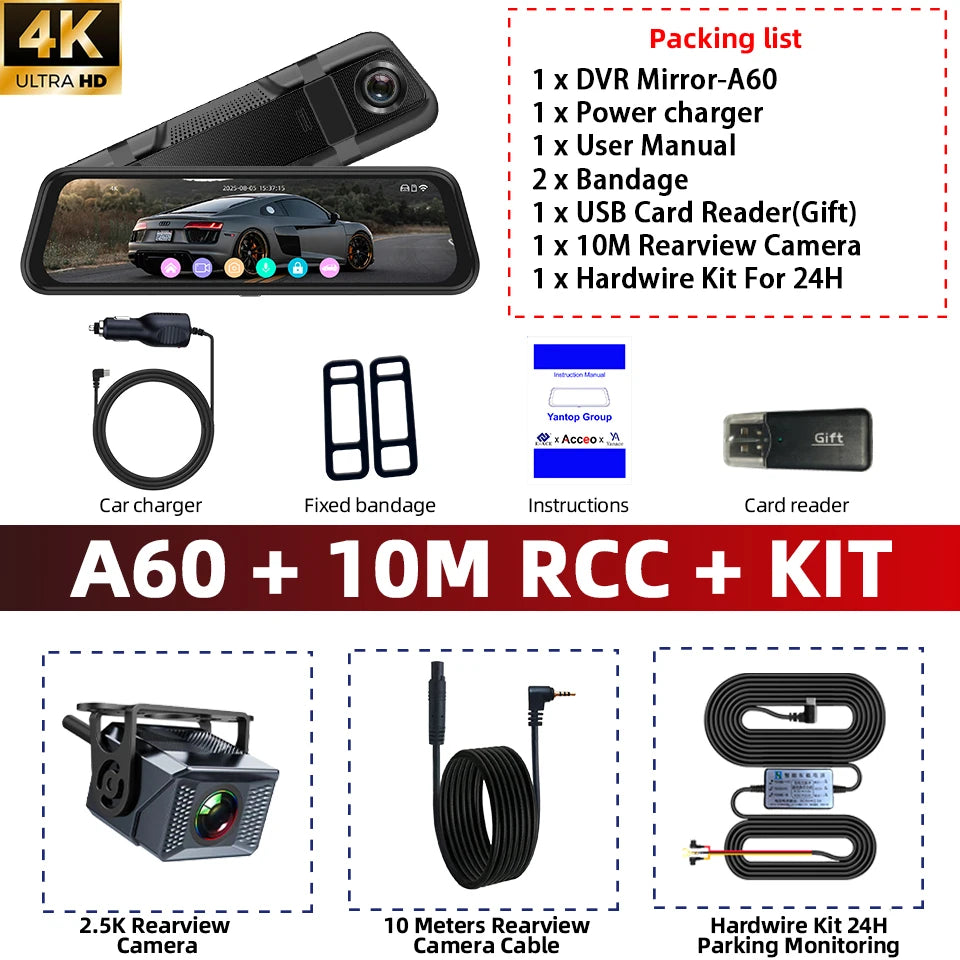 Acceo 4K Dashcam 9.66'' Touch Screen Car Mirror Video Recorder Support 2.5K Rear View Camera WIFI GPS ADAS Dash Camera Black Box