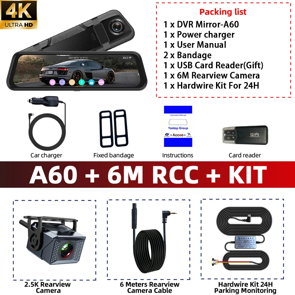 Acceo 4K Dashcam 9.66'' Touch Screen Car Mirror Video Recorder Support 2.5K Rear View Camera WIFI GPS ADAS Dash Camera Black Box