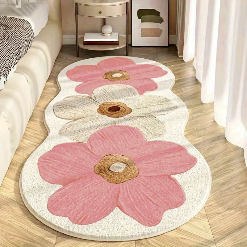 VIKAMA Plush Nordic Style Floral Area Mat Decorative Rug with Blue and Beige Flowers for Bedroom Rug for Girl‘s Room Home Decor