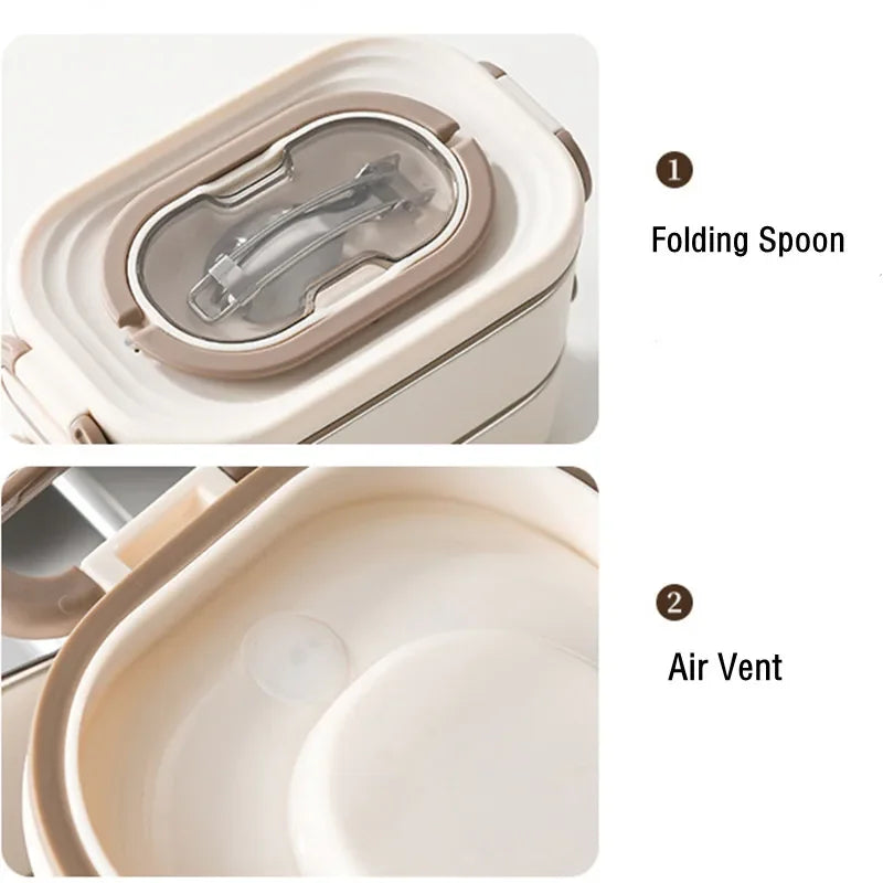 1500ml Double Layer Stainless Steel Thermal Lunch Box Leak Proof Bento Food Container with Insulated Carry Bag for Adults and Students