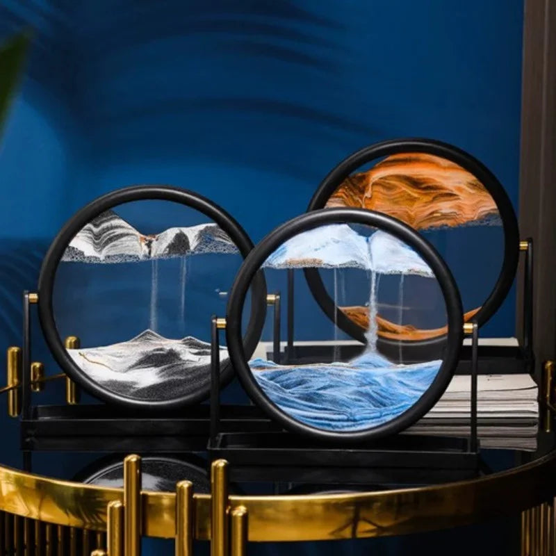 360 Rotating Sandscape Moving Sand Art Glass Frame Flowing Sand Decor Round Display Home Office Decoration