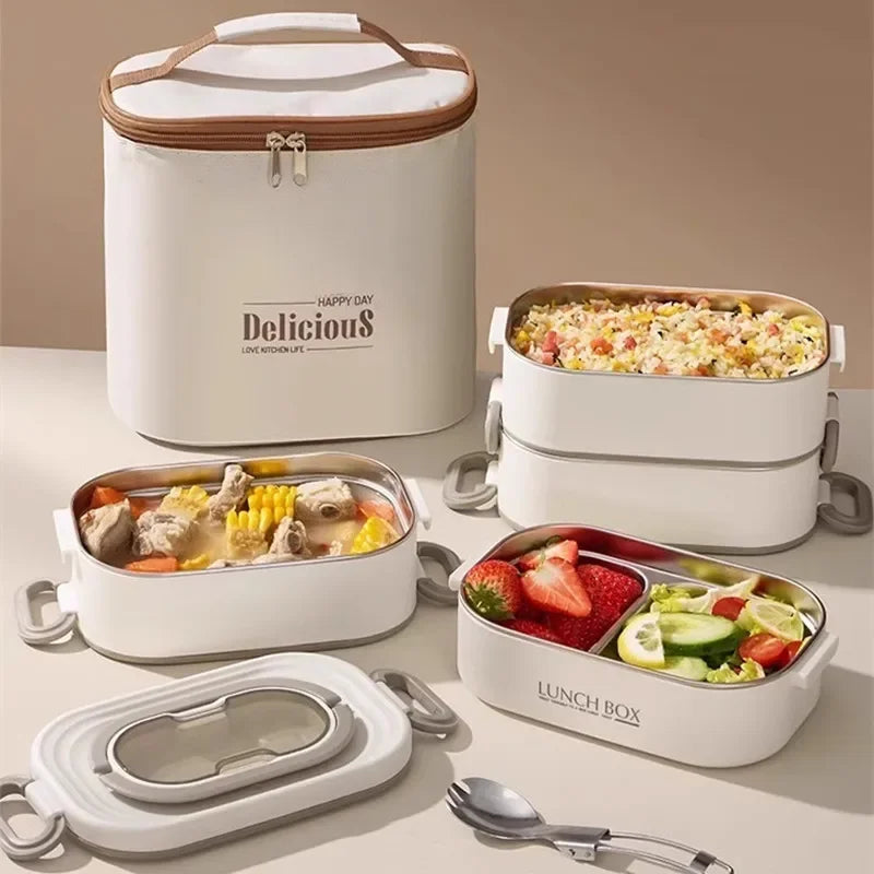1500ml Double Layer Stainless Steel Thermal Lunch Box Leak Proof Bento Food Container with Insulated Carry Bag for Adults and Students
