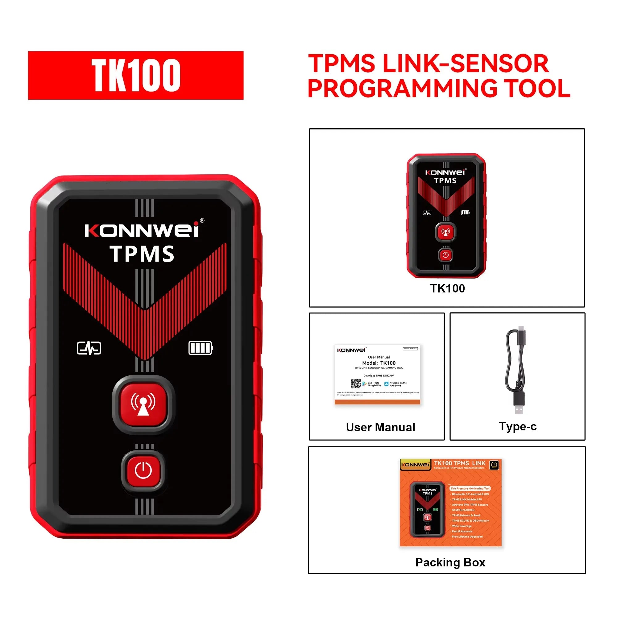 Konnwei TK100 TPMS Programming Tool Wireless OBD Relearn Device for Tire Pressure Sensors