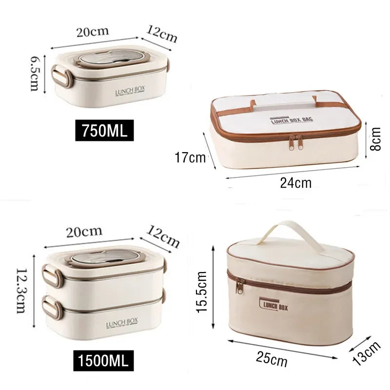 1500ml Double Layer Stainless Steel Thermal Lunch Box Leak Proof Bento Food Container with Insulated Carry Bag for Adults and Students