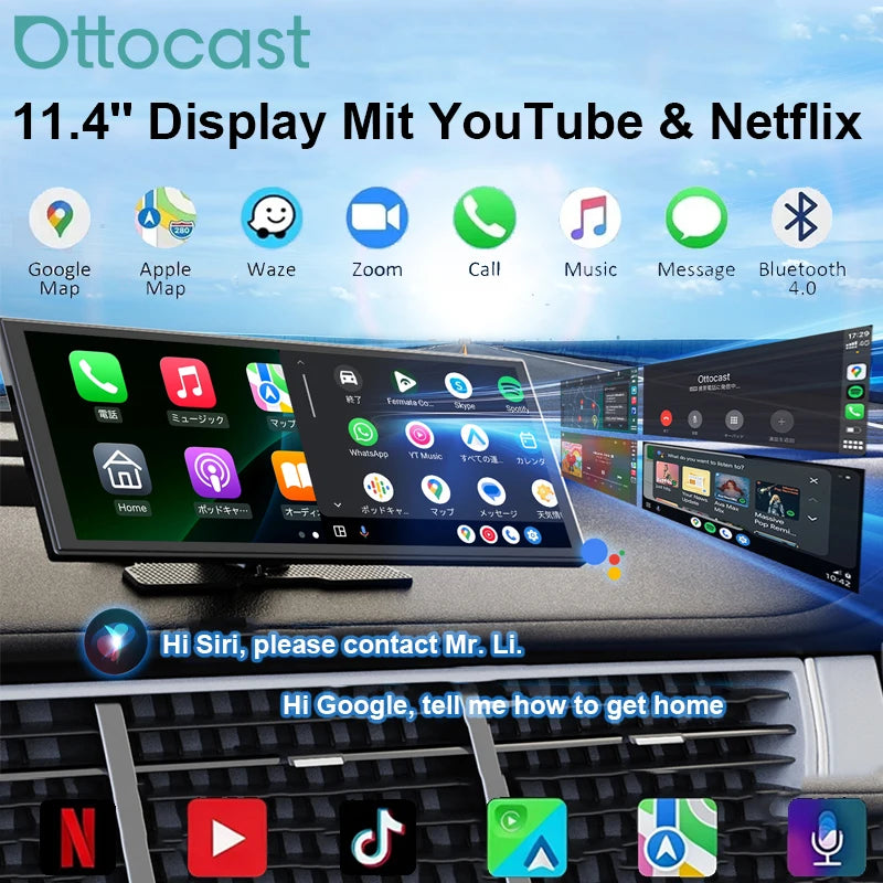 Ottocast AI 11.4 Inch Wireless CarPlay Screen Android 15 Smart Car Display with GPS and Split Screen
