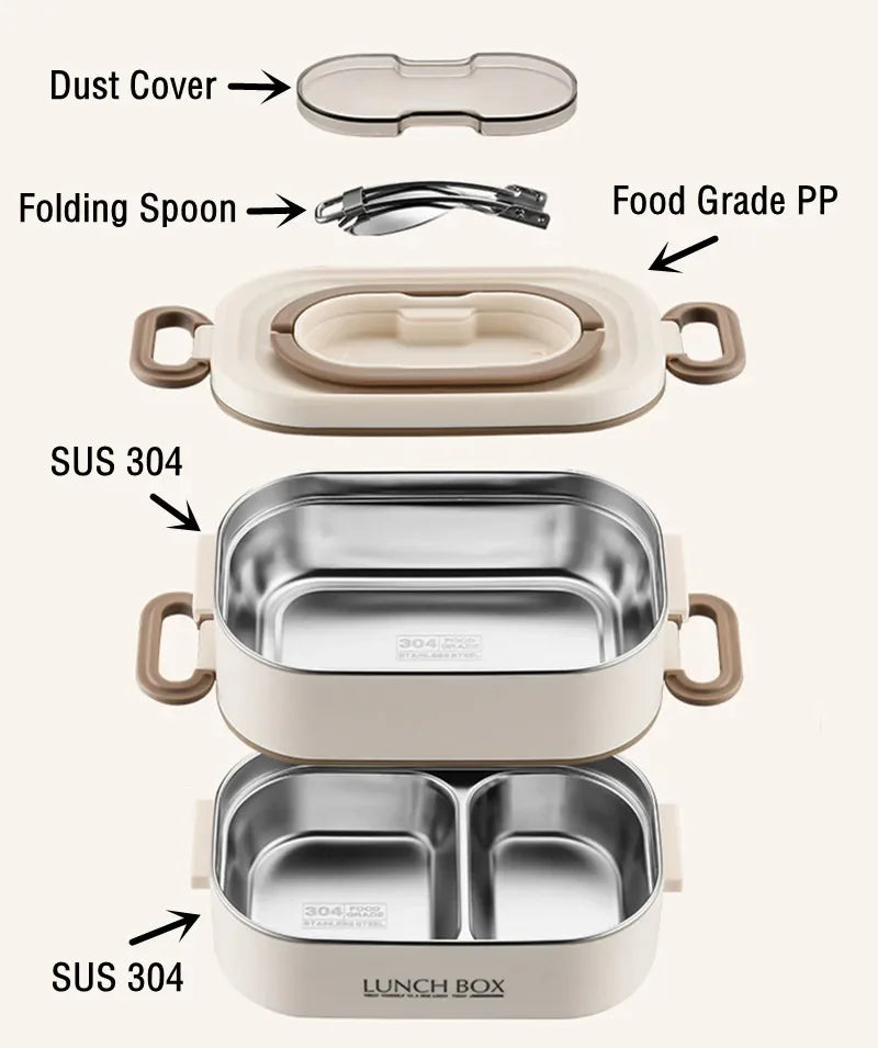 1500ml Double Layer Stainless Steel Thermal Lunch Box Leak Proof Bento Food Container with Insulated Carry Bag for Adults and Students