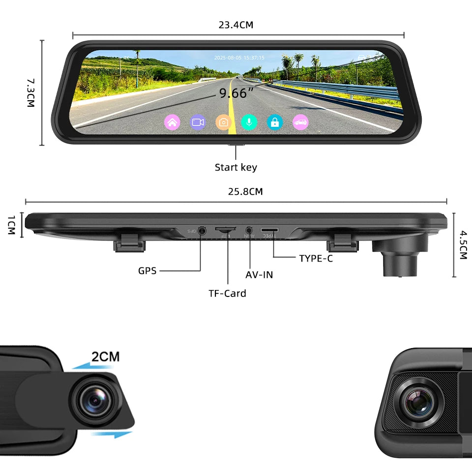 Acceo 4K Dashcam 9.66'' Touch Screen Car Mirror Video Recorder Support 2.5K Rear View Camera WIFI GPS ADAS Dash Camera Black Box