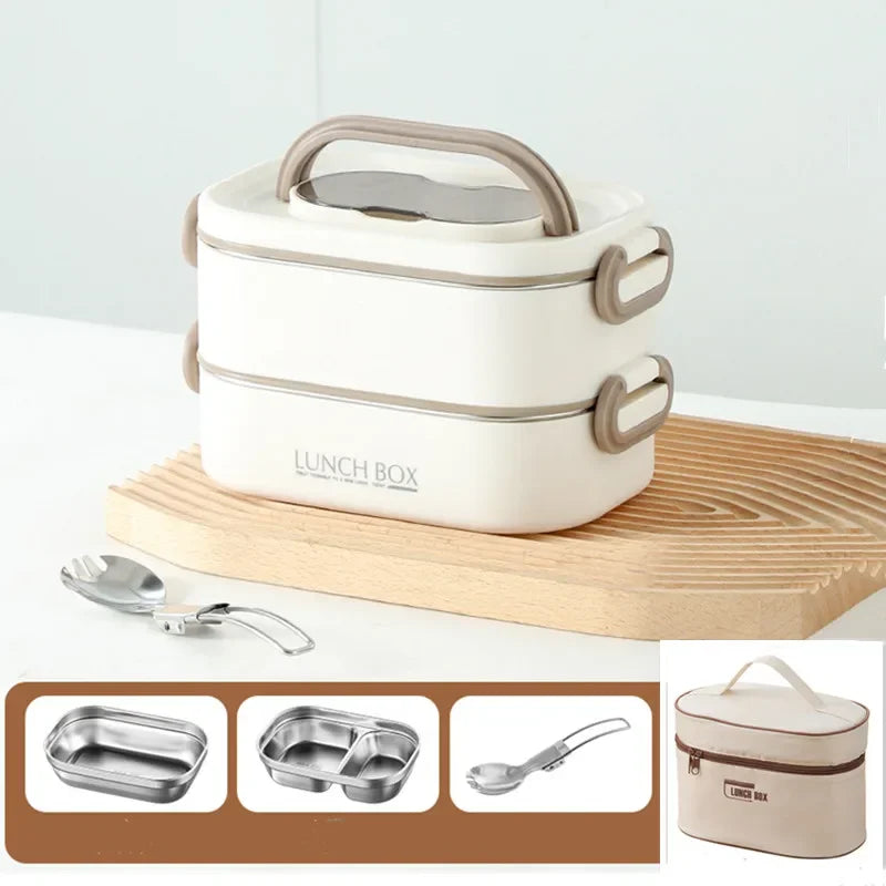 1500ml Double Layer Stainless Steel Thermal Lunch Box Leak Proof Bento Food Container with Insulated Carry Bag for Adults and Students