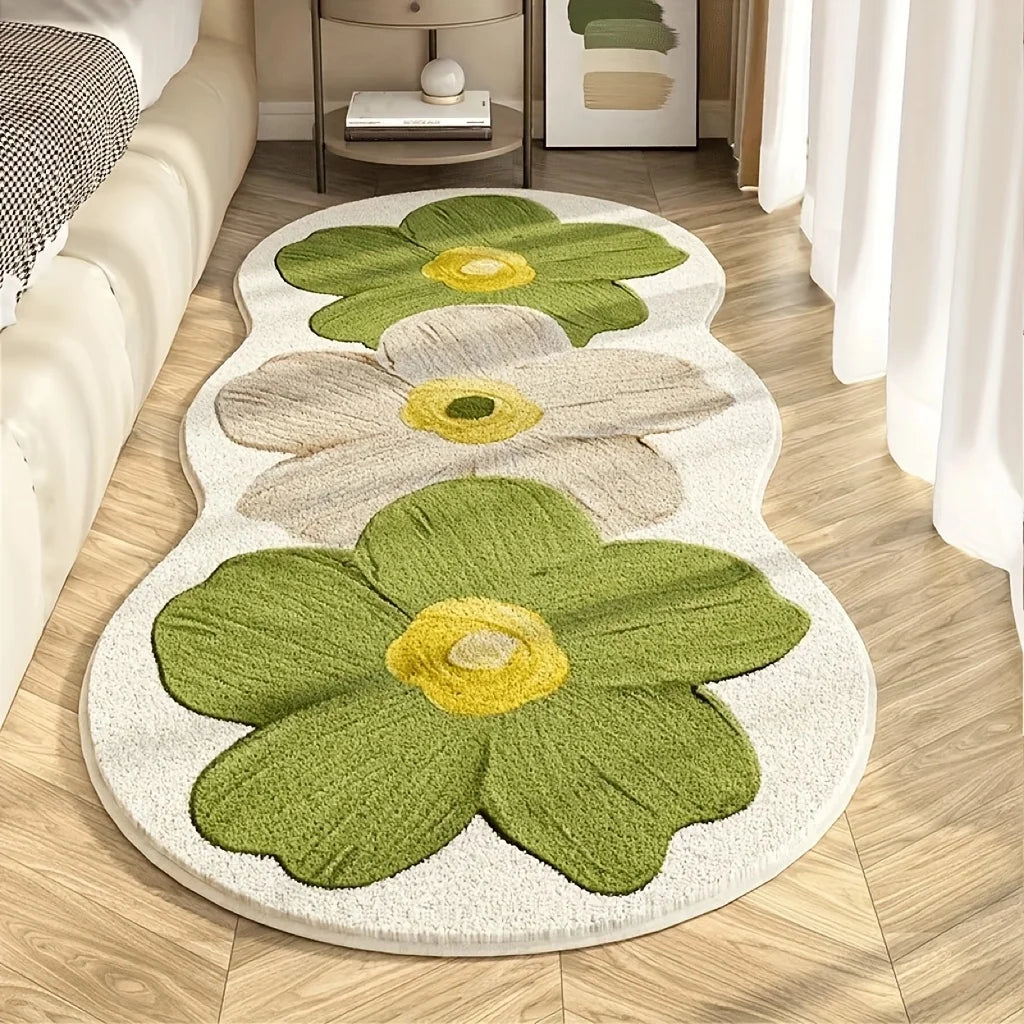 VIKAMA Plush Nordic Style Floral Area Mat Decorative Rug with Blue and Beige Flowers for Bedroom Rug for Girl‘s Room Home Decor