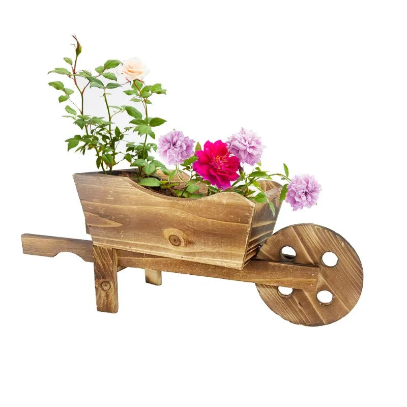 Handmade Wooden Wheelbarrow Planter Rustic Flower Pot Decor