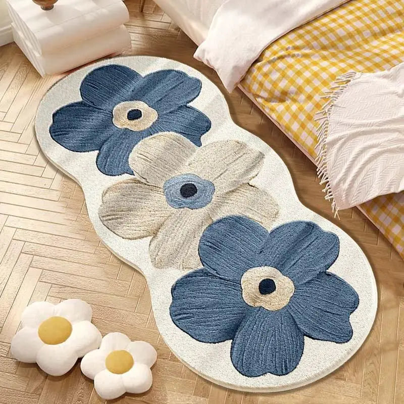 VIKAMA Plush Nordic Style Floral Area Mat Decorative Rug with Blue and Beige Flowers for Bedroom Rug for Girl‘s Room Home Decor