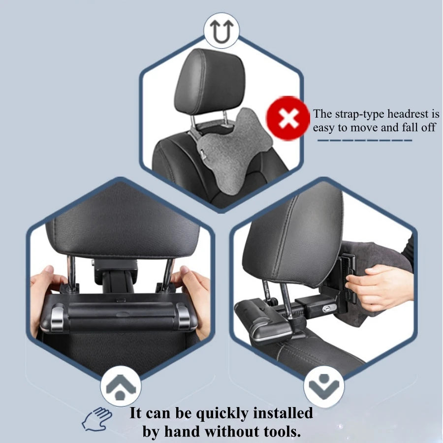 Adjustable Car Headrest Pillow with Neck Support Hidden Hook and Tablet Holder