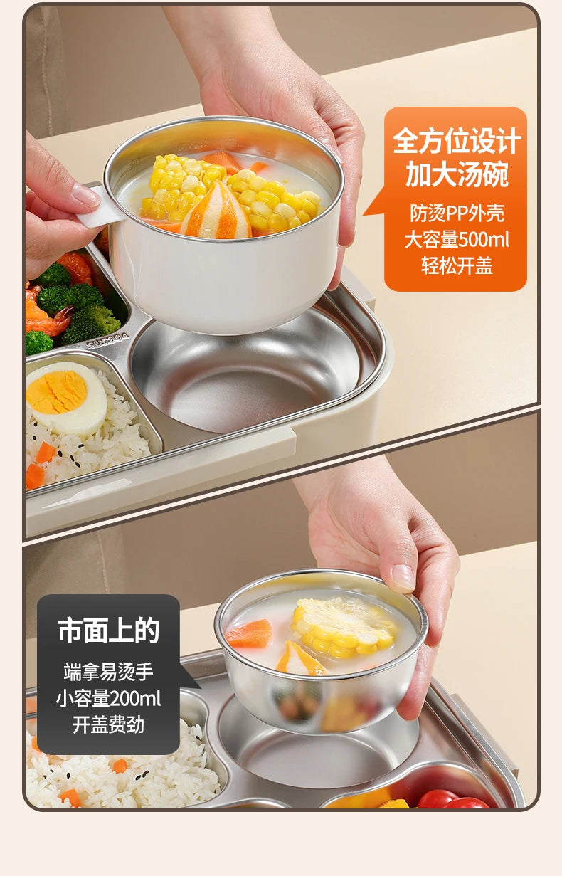 Stainless Steel Kids Lunch Box Compartment Bento Container Insulated Food Storage with Bag for School