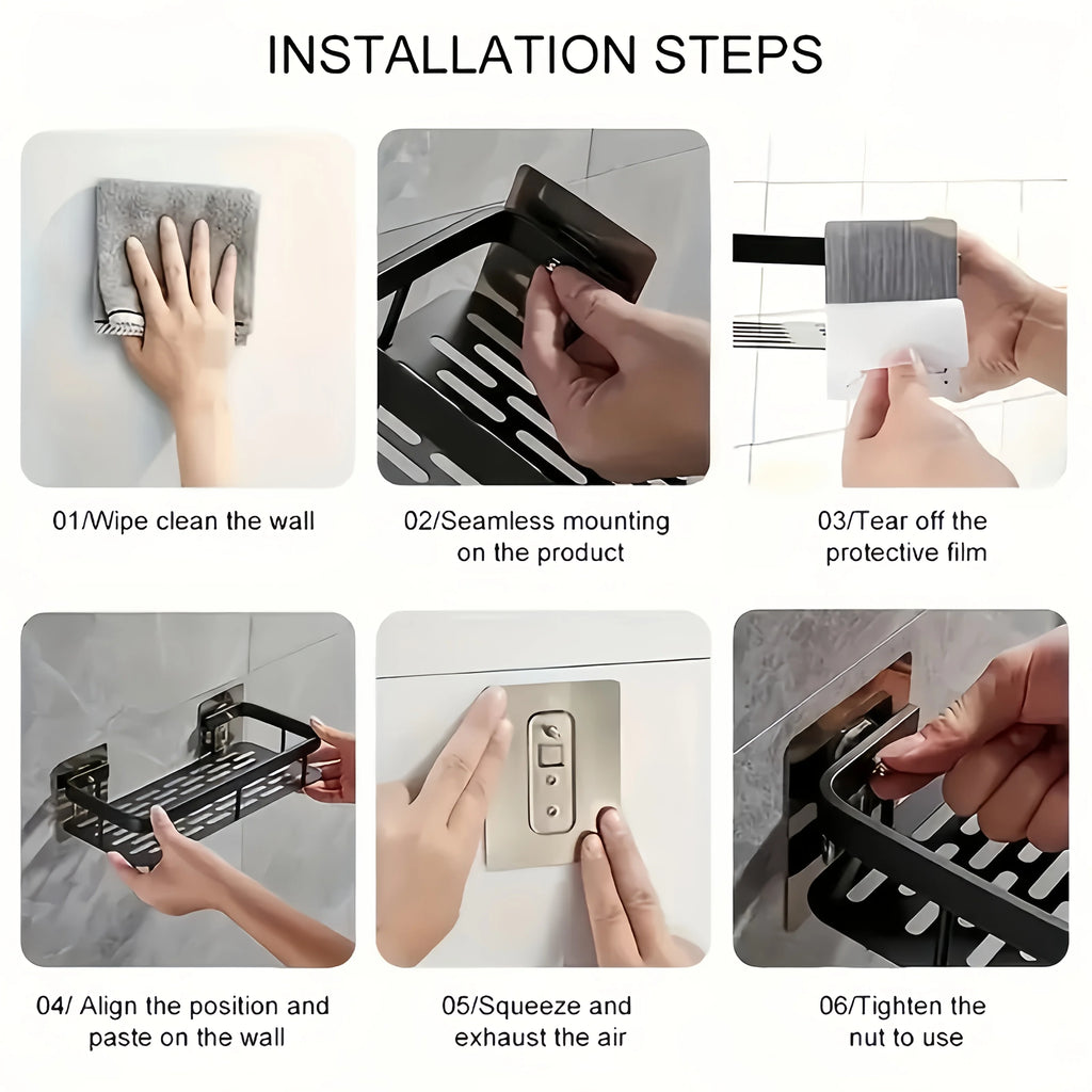 Wall Mounted Shower Rack Large Capacity No Drilling for Bathroom Kitchen Space Saving Easy Install Store Toiletries Cosmetics