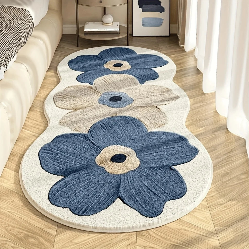 VIKAMA Plush Nordic Style Floral Area Mat Decorative Rug with Blue and Beige Flowers for Bedroom Rug for Girl‘s Room Home Decor