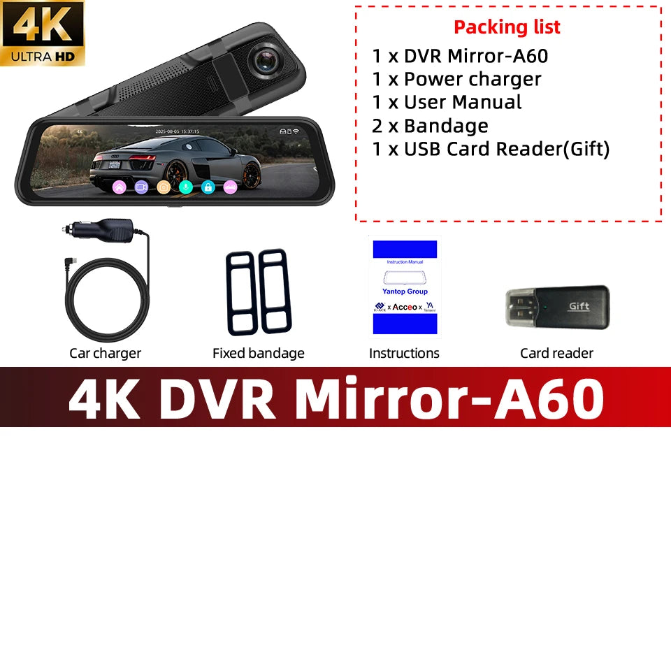 Acceo 4K Dashcam 9.66'' Touch Screen Car Mirror Video Recorder Support 2.5K Rear View Camera WIFI GPS ADAS Dash Camera Black Box