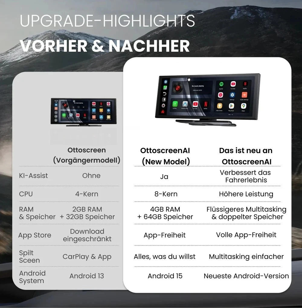 Ottocast AI 11.4 Inch Wireless CarPlay Screen Android 15 Smart Car Display with GPS and Split Screen